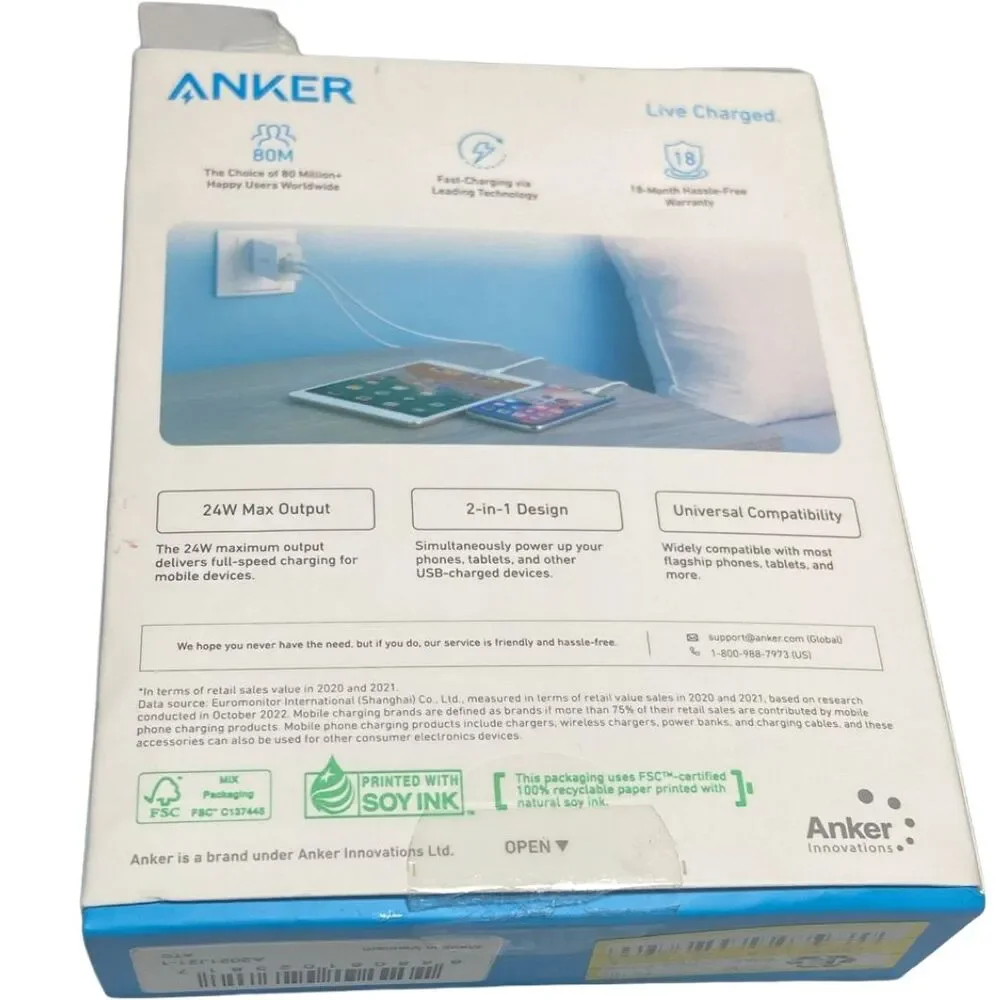 Anker PowerPort 2 Dual USB Wall Charger 24W Fast Charge iPhone Samsung NEW PKG W